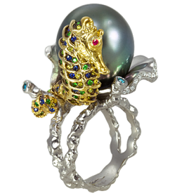 "Морской конёк" кольцо с морским жемчугом