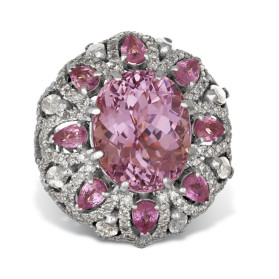 «Розовое настроение» кольцо с кунцитом, сапфирами и бриллиантами
