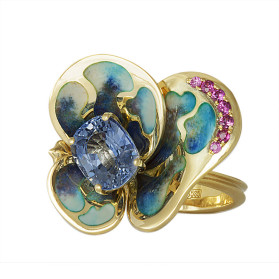 «Цветок» кольцо с сапфиром и эмалью